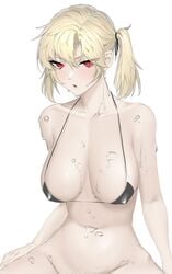 1girls blonde_hair clothed clothing female female_only huge_breasts large_breasts looking_at_viewer mostly_nude nipple_slip no_panties norunollu red_eyes rodr_339 solo source_request sweat wet