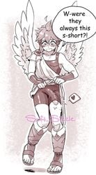 1boy angel angel_wings big_penis bike_shorts blush blush_lines bulge embarrassed english_text erection_under_clothes femboy girly kid_icarus lifting_clothing male male_only monochrome nintendo penis penis_out penis_peek penis_under_clothes pit_(kid_icarus) short_shorts shorts soft_sizzle solo spats text text_bubble tight_clothing tight_pants twink wings