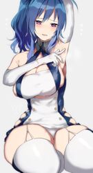 argyle_cutout arm_up armpits azur_lane bangs bare_shoulders blue_dress blue_hair blush breasts buttons cleavage clothing_cutout dress elbow_gloves female garter_straps gloves highres large_breasts long_hair looking_at_viewer mashiro_(rikuya) open_mouth panties ponytail purple_eyes seiza sidelocks simple_background sitting solo st._louis_(azur_lane) taut_clothes taut_dress thick_legs thick_thighs thighhighs thighs two-tone_dress underboob_cutout underwear upskirt white_dress white_gloves white_legwear white_panties