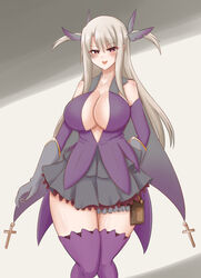 1girls aged_up alternate_breast_size alternate_color alternate_costume big_breasts big_thighs black_gloves blush dress fate/grand_order fate/kaleid_liner_prisma_illya fate_(series) gloves hair_ornament illyasviel_von_einzbern light-skinned_female light_skin long_hair looking_at_viewer magical_girl open_mouth purple_thigh_highs purple_thighhighs red_eyes seductive shadow smile thick_thighs thigh_highs thighhighs tied_hair wall white_background white_hair