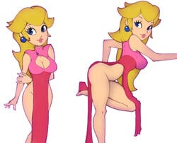 1girls blonde_hair blue_eyes boob_window breasts chinese_clothes cleavage cleavage_cutout clothing dress female female_only long_hair looking_at_viewer mario_(series) multiple_images multiple_views nintendo pelvic_curtain pink_dress princess_peach revealing_clothes simple_background sleeveless sleeveless_dress smile solo standing thick_lips thick_thighs throat_(artist) white_background