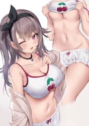 1girls ;d armpit_crease azur_lane bare_shoulders belly_button black_choker breasts camisole choker cleavage collarbone commentary crop_top female frilled_shorts frills grey_hair grey_jacket groin highres jacket large_breasts lifted_by_self light-skinned_female light_skin long_hair looking_at_viewer micro_shorts midriff multiple_views navel northern_parliament_(azur_lane) off_shoulder official_alternate_costume one_eye_closed one_side_up open_clothes open_jacket open_mouth pamiat_merkuria_(azur_lane) pamiat_merkuria_(sweet_cherry_memories)_(azur_lane) pdxen purple_eyes shirt shirt_lift short_shorts shorts simple_background sleeveless sleeveless_shirt smile spaghetti_strap stomach strap_slip symbol_commentary thighs underboob white_background white_shirt white_shorts