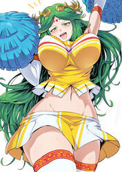 blush cheerleader cheerleader_uniform colored female_only green_eyes green_hair headpiece horny jewelry kid_icarus large_breasts long_hair midriff navel nintendo only_female palutena pom_poms skirt suzusiigasuki sweat sweatdrop thick_thighs thighhighs