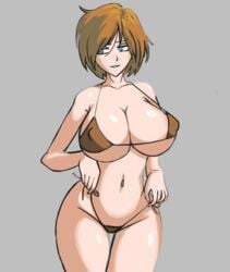 1girls analiss_oc athorment_oc bare_shoulders belly belly_button big_breasts bikini bikini_bottom bikini_top blue_eyes brown_hair cleavage duarte_nsfw facing_viewer female_only hayden_(analiss) huge_breasts looking_away messy_hair micro_bikini midriff short_hair simple_background skin solo solo_female solo_focus tagme thighs