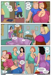 2boys 2girls 5_panel_comic alternate_breast_size arabatos black_pants blonde_hair blue_pants bonnie_swanson breasts brother_and_sister busty butt chris_griffin cleavage clothing comic dialogue ear_piercing earrings family_guy father_and_child female glasses green_shirt hips hourglass_figure huge_breasts hyper_breasts jewelry large_breasts legs light-skinned_female light-skinned_male light_skin lips lipstick lois_griffin male meg_griffin milf mother_and_daughter mother_and_son multiple_girls nipple_bulge page_10 page_number piercing pink_hat pink_shirt red_lipstick short_hair speech_bubble table thick thick_legs thick_thighs thighs ventzcomics ventzx voluptuous wide_hips wood_table