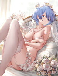 1girls 77gl ass bare_shoulders bed between_breasts big_breasts blue_eyes blue_hair bouquet bra breast_rest breasts cleavage collarbone commentary female female_only flower garter_straps glint hair hair_between_eyes hair_flower hair_ornament jewelry knees_up looking_at_viewer lying navel necklace off_shoulder on_back on_bed open_mouth panties pearl_necklace pillow re:zero_kara_hajimeru_isekai_seikatsu rem_(re:zero) short_hair solo strap_slip thighhighs underwear underwear_only white_bra white_legwear white_panties