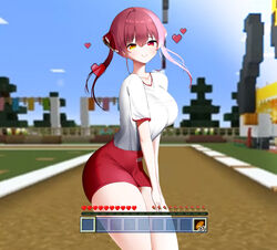 1girls big_breasts busty clothing eyebrows_visible_through_hair female female_only gameplay_mechanics hair_ornament hair_ornaments hearts heterochromia hololive hololive_fantasy hololive_japan houshou_marine light-skinned_female light_skin looking_at_viewer minecraft minecraft_background nicorima only_female pixel_heart shorts smile solo tagme thighs tied_hair virtual_youtuber