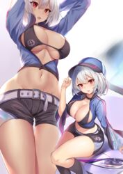 1girls azur_lane bangs bikini bikini_top blush breasts car eyebrows_visible_through_hair female ground_vehicle hair_between_eyes highres huge_breasts large_breasts looking_at_viewer motor_vehicle multiple_views navel open_mouth pdxen race_queen red_eyes short_hair short_shorts shorts sirius_(azur_lane) sitting smile swimsuit swimsuit_under_clothes white_hair