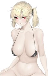 1girls blonde_hair female female_only huge_breasts human large_breasts light_skin looking_at_viewer nipple_slip no_panties norunollu pale_skin red_eyes rodr_339 solo