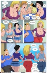 1boy 3girls 4_panel_comic arabatos backboob black_pants blonde_hair blue_shirt blue_skirt breasts busty chris_griffin cleavage clothing comic connie_d'amico dialogue ear_piercing earrings family_guy female hips hourglass_figure hyper_breasts jewelry legs light-skinned_female light-skinned_male light_skin lips lipstick locker long_hair male multiple_girls nipple_bulge no_bra_under_clothes page_3 page_number piercing purple_shirt red_pants short_hair speech_bubble thick thick_legs thick_thighs thighs ventzcomics ventzx voluptuous wide_hips