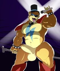 1boy 2021 animatronic anthro balls bear big_balls big_penis black_nose blue_eyes bodypaint bowtie clothed clothing facepaint five_nights_at_freddy's five_nights_at_freddy's:_security_breach fur gay glamrock_freddy_(fnaf) holding_microphone holding_object male_only muscles muscular muscular_male orange_body orange_fur penis saliva sharp_teeth spiked_bracelet spikes thick_balls thick_penis thick_thighs tongue tongue_out top_hat vein veiny_penis video_games yaoi