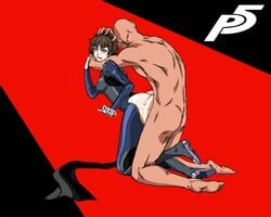 1boy big_ass big_butt brown_hair chokehold choking clothing crying doggy_style drooling ero-kami fat_ass female from_behind human makoto_niijima pale_skin persona persona_5 phantom_thief_suit rape red_eyes rough_sex short_hair tears