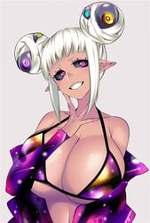 1girls alien_girl big_breasts camui_kamui_(hz_666v) dark_skin elf_ears female female_only huge_breasts large_breasts mao_(camui_kamui) original pink_eyes pointy_ears sharp_ears smile solo tan-skinned_female tan_skin thinking top_heavy voluptuous white_hair