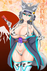 1girls absurdres animal_ear_fluff animal_ears animal_print aqua_eyes bikini cow_print female female_focus female_only fox_ears fox_girl fox_tail gloves highres huge_breasts japanese_clothes like_man3 long_hair looking_at_viewer original panties raiku silver_hair smile solo swimsuit tail thighhighs