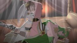 16:9_aspect_ratio 1boy 1boy1girl 1girls angel angel_wings animated anklet belt big_breasts breasts breasts_out brown_hair censored chiton circlet closed_eyes clothed_sex curvy dress female goddess green_eyes green_hair groin height_difference imaani intimate jewelry kid_icarus large_breasts leg_cling legs long_hair long_legs male mosaic_censoring nintendo nipples no_panties on_bed on_side open_mouth paid_reward palutena pendant pit pit_(kid_icarus) sandals sex short_hair single_thighhigh size_difference straight strapless_dress sweat thighhighs thighs vaginal_penetration very_long_hair white_legwear white_wings wings