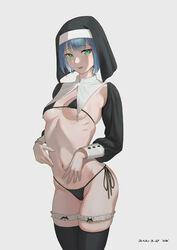1girls absurdres bangs bikini black_bikini black_legwear blue_hair blunt_bangs blush bob_cut breasts cowboy_shot dated detached_collar detached_sleeves eyebrows_visible_through_hair female green_eyes habit hand_on_own_stomach highres leg_garter licking_lips long_sleeves looking_at_viewer naughty_face navel nun original short_hair side-tie_bikini signature simple_background skindentation small_breasts smile solo standing string_bikini sudzukesaba swimsuit thighhighs tongue tongue_out underboob