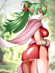 1girls :o ass bare_thighs breasts cape female fire_emblem fire_emblem_awakening forest garter_straps green_eyes green_hair long_hair looking_back nature nintendo no_panties open_mouth pelvic_curtain pointy_ears ponytail solo solo_female tiki_(adult)_(fire_emblem) tiki_(fire_emblem) uncats