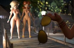 3d 3girls blonde_hair blue_eyes breasts brown_eyes brown_hair caught caught_in_the_act evening exhibitionism female female_only hsfrx looking_at_another mario_(series) multiple_girls night nintendo nipples nude outdoors princess princess_daisy princess_peach princess_rosalina pussy standing sunglasses_removed surprised thick_thighs yuri