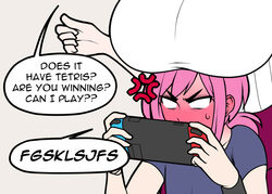 1girls angry angry_expression angry_face big_breasts blush breast breast_press breasts_on_head celine_(jam-orbital) electronics english_text femboy game_console game_controller handheld_game_console huge_breasts jam-orbital large_breasts nintendo nintendo_switch pink_hair speech_bubble tagme text voluptuous