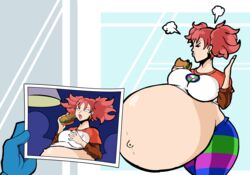 belly_button big_breasts blush flustered fully_clothed hamburger iroaya_madoi makeup mega_man mega_man_battle_network ms._madd nasuokaa-san open_mouth photografic_proof red_hair stuffing surprised tagme thick_thighs thigh_clothes unseen_character weight_gain