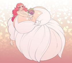 allymoodyneko belly_button big_ass blush bouquet capcom cleavage female hair_down high_heels huge_belly huge_breasts hyper_pregnancy iroaya_madoi lipstick makeup mega_man mega_man_battle_network ms._madd pink_hair pregnant pregnant_bride red_hair sideboob tagme wedding_dress