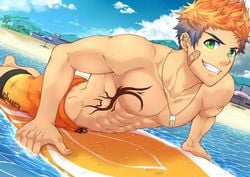 1boy animated black_monkey double_cumshot male male_only mp4 no_sound orange_hair solo solo_male surfboard swimsuits tagme tattoo video yaoi