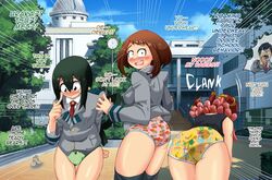 3girls ass being_watched clothing clothing_malfunction dialogue dirty_panties disappearing_clothes embarrassed embarrassed_underwear_female english_text euf euf-dreamer female female_focus female_only footwear green_hair hagakure_tooru_(invisible) handwear human in_public invisible mei_hatsume mostly_nude multiple_girls my_hero_academia ochako_uraraka panties pantless pink_hair public public_humiliation school school_uniform schoolgirl scolding tenya_iida text thighs tooru_hagakure tooru_hagakure_(invisible) tsuyu_asui