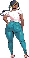 1girls ass big_ass big_breasts breasts brown_hair curvy dark-skinned_female dark_skin dat_ass elf-san_wa_yaserarenai female from_behind glasses gorgon huge_ass humanoid jeans large_breasts long_hair looking_back medesa pants pointy_ears sideboob smiling synecdoche thick_thighs tight_jeans tight_pants wide_hips