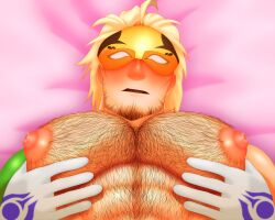 artist_request bara bara_tits big_pecs blazblue blush body_hair chest_hair facial_hair gloves hairy hairy_chest male male_only mask masked_male muscles muscular relius_clover solo solo_male