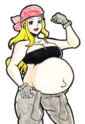 belly_button big_belly big_breasts blonde_hair bra cleavage female fullmetal_alchemist gloves long_hair looking_at_viewer midriff muscles nasuokaa-san pants pregnant ready_to_pop solo tagme transparent_background winry_rockbell