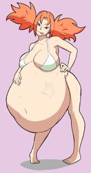 after_vore barefoot big_belly big_breasts bikini brown_eyes capcom cleavage earrings iroaya_madoi licking_lips looking_at_viewer makeup mega_man mega_man_battle_network ms._madd navel orange_hair post_vore pyxxyl red_hair same_size_vore simple_background stomach_bulge swimsuit tagme thick_thighs vore white_bikini