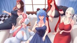 5girls :p alcohol alternate_costume arm_under_breasts armpits ass bare_shoulders bent_over big_ass black_eyes blue_hair breasts brown_hair cleavage cleavage_cutout couch crossover deep_cleavage dress drink edelgard_von_hresvelg eyewear_on_head fate/grand_order fate_(series) female female_only fire_emblem fire_emblem:_three_houses ganyu_(genshin_impact) genshin_impact glasses hair_over_one_eye harem heart_cutout holding horn hourglass_figure huge_breasts indoors kujikawa_rise large_breasts licking_lips long_hair looking_at_viewer medium_breasts medium_hair megami_tensei multicolored_hair multiple_girls nintendo nobunaga_oda oda_nobunaga_(avenger)_(fate) oda_nobunaga_(fate) on_couch on_side one_piece open_mouth pachpachpachi persona persona_4 pink_eyes pink_hair purple_eyes red_eyes red_hair shoulders sideboob sitting sitting_on_person smile sunglasses sunglasses_on_head thick_thighs thighs tongue tongue_out uta_(one_piece) v very_long_hair white_hair wide_hips window wine wine_glass