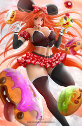 background big_breasts black_clothing black_legwear breasts clouds dabidov dan_abidov disney donut ice_cream minnie_mouse peace_sign red_hair