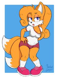 2020 activision anthro blue_eyes blush breasts bulge canid canine clothing coco_bandicoot crash_(series) footwear fox furry fusion futanari gynomorph half-closed_eyes hi_res intersex mammal narrowed_eyes open_mouth r0cketjumper shoes signature simple_background solo sonic_(series) sonic_the_hedgehog_(series) tails tailsko teasing video_games