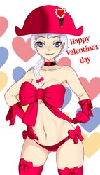 1girls blue_eyes bow braid choker cleavage collarbone female female_only front_view gift_wrapped hand_on_hip hat heart heart-shaped_pupils iron_armenian lady_baron looking_at_viewer midriff red_gloves red_ribbon solo thighhighs underboob valentine's_day war_thunder white_hair wrappings