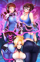 3girls alternate_breast_size ass ass_grab ass_worship between_buttocks big_breasts bodysuit bubble_butt cleavage d.va eyewear female_only glasses groping head_on_ass hmage huge_breasts hypnosis large_breasts lesbian mei_(overwatch) mercy mind_control molestation multiple_girls naughty_face nipple_bulge overwatch skin_tight tight_clothing yoga_pants yuri