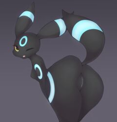 2021 absurd_res anthro ass ayzcube big_butt black_body breasts eeveelution female genitals hi_res looking_at_viewer looking_back nintendo nude one_eye_closed pokémon_(species) pokemon pokemon_(species) presenting presenting_hindquarters pussy shiny_pokemon solo umbreon video_games