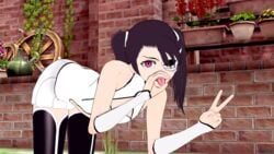 3d_(artwork) black_hair bleach fellatio_gesture loly_aivirrne pink_eyes stockings