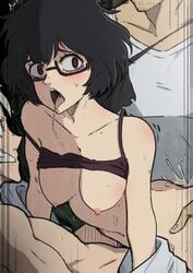 1girls 2boys adult areolae asta_(black_clover) black_clover black_hair blush breasts breasts_out cum cum_inside erect_nipples glasses grin implied_penetration implied_sex large_breasts looking_to_the_side mark_gavatino nipples no_bra open_mouth red_eyes saliva sally_(black_clover) shirt shirt_lift shirt_up sweat teenager teeth threesome tongue_out yami_sukehiro