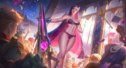 audience bare_legs battle_academia_caitlyn battle_academia_series bra caitlyn_kiramman celebration crowd glove hair_ornament league_of_legends long_hair panties purple_hair richtofen single_glove strapless_bra underboob very_long_hair