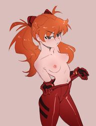 1girls asuka_langley_sohryu bard-bot belly_button clothing frown long_hair neon_genesis_evangelion plugsuit red_hair small_breasts solo topless twintails