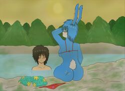 ass black_hair blue_hair five_nights_at_freddy's five_nights_at_freddy's_2 five_nights_in_anime fnialover84 green_eyes lake no_panties no_pants rabbit_girl scottgames shy sitting sunset toy_bonnie_(fnaf) water