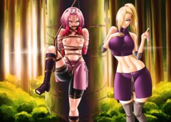 angry bondage breasts bsdm clothing evildei exposed_breasts female female_only femdom ino_yamanaka large_breasts muzzle_(object) naruto naruto_shippuden outdoors ripped_clothing rope sakura_haruno small_breasts smile tied_up tree