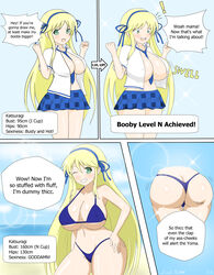 1girls alternate_breast_size asian asian_female ass ass_cleavage beach big_breasts bikini blonde_hair breaking_the_fourth_wall breast_expansion breasts butt_crack character_name clapping_cheeks comic english_text female_only green_eyes huge_breasts katsuragi_(senran_kagura) large_breasts measurements necktie senran_kagura solo soulkibble speech_bubble thick thick_ass