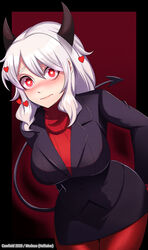 1girls 2020 big_breasts blush breasts cawfield demon demon_girl demon_tail heart-shaped_pupils helltaker horns looking_at_viewer modeus_(helltaker) red_eyes solo solo_female straight_hair suit tagme white_hair