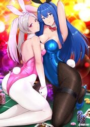 2girls alternate_costume ass blue_eyes blue_hair blue_leotard bowtie breasts brown_eyes bunny_ears bunny_girl bunny_tail bunnysuit caeda_(fire_emblem) casino casino_card_table casino_chip detached_collar fake_animal_ears fake_tail female female_only fire_emblem fire_emblem:_mystery_of_the_emblem fire_emblem:_shadow_dragon_and_the_blade_of_light fire_emblem_awakening fishnet_pantyhose fishnets grima_(fire_emblem) heels highleg highleg_leotard human kaos_art leotard long_hair looking_at_viewer looking_back medium_breasts multiple_girls nintendo on_table pink_leotard playboy_bunny poker_cards poker_chip poker_table purple_eyes robin_(fire_emblem) robin_(fire_emblem)_(female) thigh_strap thighs twintails white_hair wrist_cuffs