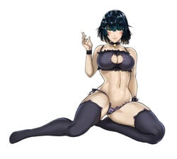 alternate_costume ass_visible_through_thighs bangs bell bell_choker black_hair black_legwear black_panties blush breasts cameltoe cat_cutout cat_lingerie choker cleavage cleavage_cutout closed_mouth clothing_cutout collarbone commentary female frills fubuki_(one-punch_man) full_body green_eyes highres jingle_bell large_breasts looking_at_viewer meme_attire navel no_shoes one-punch_man panties photoshop_(medium) short_hair side-tie_panties simple_background smile solo stomach thegoldensmurf thighhighs underwear underwear_only white_background wrist_cuffs