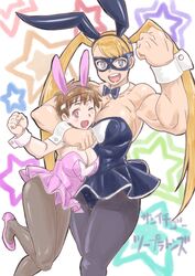 2girls blonde_hair blue_eyes brown_eyes brown_hair bunny_ears bunny_girl bunnysuit capcom cleavage detached_collar female female_only headband hi_res hugging long_hair looking_at_viewer makinaru mask muscles muscular muscular_female neck_ribbon one_eye_closed pantyhose pose rainbow_mika sakura_kasugano short_hair star_background street_fighter twintails wink winking_at_viewer wrist_cuffs