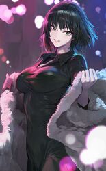 1girls bangs black_hair breasts collared_dress commentary_request covered_navel dress female female_only fubuki_(one-punch_man) fur_coat green_dress green_eyes highres holding_coat large_breasts mossi one-punch_man short_hair smile standing taut_clothes taut_dress