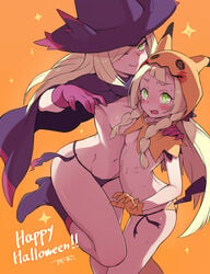 2girls alternate_costume ass bad_censor bikini bikini_bottom black_bikini blonde_hair blush boots braid breasts cosplay covering game_freak gloves green_eyes halloween hand_on_another's_shoulder happy_halloween hat high_heel_boots high_heels hood human lillie_(pokemon) long_hair looking_at_viewer lusamine_(pokemon) medium_breasts mimikyu mimikyu_(cosplay) mismagius mismagius_(cosplay) mother_and_daughter multiple_girls nintendo one_eye_closed orange_background orange_gloves orange_theme pink_gloves pokemon pokemon_(cosplay) pokemon_(species) pokemon_sm purple_headwear side-tie_bikini simple_background small_breasts smile sweat swimsuit toku_(ke7416613) topless twin_braids witch_hat